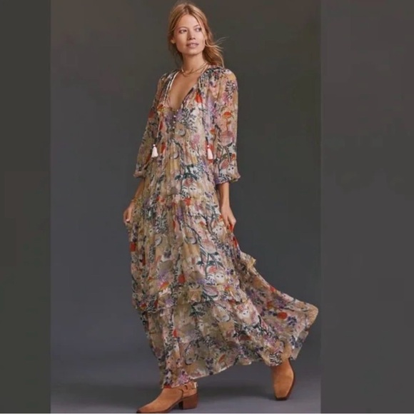 Anthropologie Marais Tiered Floral Chiffon in Owl Print size Small - Picture 3 of 16